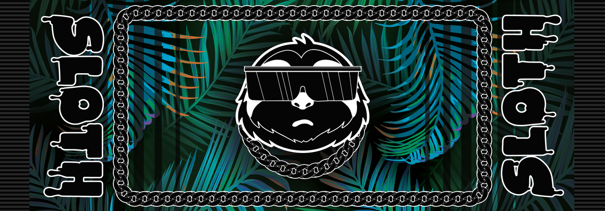 Full print design of the SLOTH Jungle Pashmina laid flat: SLOTH character in a chain border on a turquoise palm-leaf background, with SLOTH lettering at each end